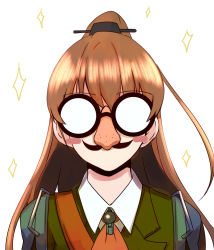 Rule 34 | 10s, 1girl, ascot, blush stickers, brown hair, dearmybrothers, facial hair, fake facial hair, fake mustache, fake nose, groucho glasses, glasses, hair ornament, highres, kantai collection, kumano (kancolle), long hair, looking at viewer, mustache, ponytail, school uniform, shoulder pads, simple background, solo, sparkle, white background
