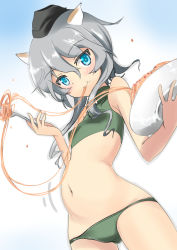Rule 34 | 1girl, :t, animal ears, bare shoulders, belly, blue eyes, blush, cat ears, food, fork, garrison cap, giuseppina ciuinni, green panties, grey hair, hat, holding, holding fork, holding plate, long hair, midriff, navel, panties, pasta, plate, solo, spaghetti, stomach bulge, strike witches, underwear, world witches series, yuzuyoukan