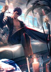 Rule 34 | 1boy, black pants, black shirt, champagne flute, couch, crossed legs, cup, dark skin, drink, drinking glass, fate/grand order, fate (series), holding, holding drink, jewelry, male focus, necklace, official alternate costume, official art, on couch, open clothes, open shirt, pants, purple eyes, purple hair, shimadoriru, shirt, short hair