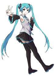 Rule 34 | 1girl, aqua eyes, aqua hair, aqua necktie, bad id, bad twitter id, bare shoulders, between breasts, black skirt, black sleeves, black thighhighs, breasts, detached sleeves, full body, grey shirt, hair ornament, hands up, hatsune miku, highres, long hair, looking at viewer, miniskirt, necktie, necktie between breasts, outstretched arm, pleated skirt, shirt, sketch, skirt, sleeveless, sleeveless shirt, sleeves past wrists, small breasts, smile, solo, standing, thighhighs, twintails, very long hair, vocaloid, w, white background, yakkl, zettai ryouiki