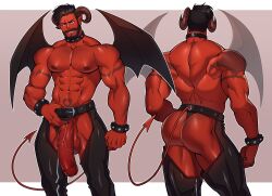Rule 34 | 1boy, abs, absurdres, arm tattoo, ass, bara, beard, belt, biceps, black hair, bracelet, choker, demon boy, demon horns, demon tail, demon wings, facial hair, highres, horns, jewelry, large pectorals, large penis, leather, leather belt, leather pants, looking at viewer, male focus, manly, mature male, muscular, muscular male, muto20002, nipples, original, pants, pectorals, penis, pink eyes, pointy ears, red eyes, short hair, smirk, solo, spiked bracelet, spikes, stomach tattoo, tail, tattoo, teeth, testicles, thick arms, thick thighs, thighs, undercut, veins, wings