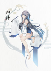 Rule 34 | 1girl, absurdres, anklet, bare legs, bare shoulders, barefoot, blue eyes, breasts, calligraphy brush, detached sleeves, feet, genshin impact, grey hair, guizhong (genshin impact), hair ornament, highres, holding, holding brush, jewelry, legs, long hair, long sleeves, looking at viewer, medium breasts, open mouth, paintbrush, revision, sleeves past wrists, smile, soles, spread toes, thighs, toes, yukiri (l ii)