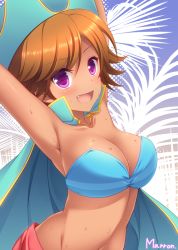 Rule 34 | 1girl, :d, armpits, artist name, bikini, bikini top only, blush, branch, breasts, brown hair, cape, cleavage, collarbone, eileen (pop&#039;n music), eyebrows, fang, hat, large breasts, looking at viewer, maron (1212ama), navel, open mouth, outstretched arms, pirate hat, pop&#039;n music, purple eyes, short hair, smile, solo, swimsuit, tan, upper body, water, wet