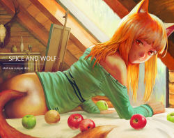 Rule 34 | 1girl, animal ears, apple, ass, bare shoulders, brown hair, copyright name, easel, fireplace, food, fruit, grapes, highres, holo, indoors, long hair, looking at viewer, on bed, red eyes, skull, smile, solo, spice and wolf, tail, twisted torso, wolf ears, wolf tail, xianggang jizhe