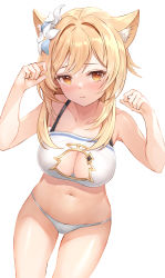 Rule 34 | 1girl, animal ears, armpits, arms up, bare arms, bare shoulders, blonde hair, blush, bra, breasts, cat ears, cat girl, cleavage, cleavage cutout, closed mouth, clothing cutout, collarbone, cowboy shot, embarrassed, flower, genshin impact, gold trim, hair flower, hair ornament, kemonomimi mode, large breasts, looking at viewer, lumine (genshin impact), lunacle, navel, nose blush, orange eyes, panties, paw pose, simple background, solo, stomach, string panties, thighs, underwear, underwear only, white background, white bra, white flower, white panties