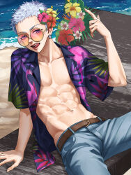 Rule 34 | 1boy, abs, arm support, beach, belt, blue hair, blue shirt, chair, collarbone, commentary request, cowboy shot, day, denim, eyebrow cut, flower, hair flower, hair ornament, hamhassy, hand up, hawaiian shirt, hibiscus, highres, index finger raised, jeans, legs apart, licking lips, light blue hair, lips, looking at viewer, lounge chair, male focus, mitsuya takashi, navel, open clothes, open shirt, outdoors, pants, pectorals, print shirt, purple eyes, reclining, round eyewear, shirt, short hair, short sleeves, solo, sunglasses, tinted eyewear, tokyo revengers, toned, toned male, tongue, tongue out, variant set