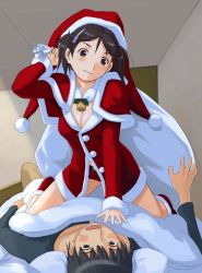 Rule 34 | 1boy, 1girl, bed, bell, blanket, blush, breasts, brown hair, capelet, christmas, girl on top, hair ornament, hairclip, hat, imo works, jester cap, jpeg artifacts, kimi kiss, kuryuu megumi, looking at another, open clothes, open mouth, sack, santa costume, santa hat, short hair, shorts, surprised, twintails