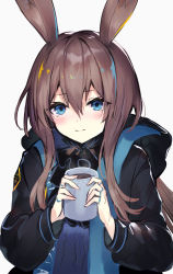 Rule 34 | 1girl, absurdres, amiya (arknights), animal ears, arknights, black jacket, blue eyes, blush, brown hair, closed mouth, cup, diieru, grey background, hair between eyes, highres, holding, holding cup, hood, hood down, hooded jacket, jacket, long hair, long sleeves, looking at viewer, mug, open clothes, open jacket, puffy long sleeves, puffy sleeves, rabbit ears, simple background, smile, solo, upper body