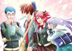 Rule 34 | 2boys, 2girls, a-i-red, alternate costume, asbel lhant, bad id, bad pixiv id, bag, blue eyes, blue hair, brothers, brown hair, cheria barnes, contemporary, food, glasses, holding hands, hubert ozwell, messenger bag, multiple boys, multiple girls, official alternate costume, petals, pink background, pink hair, popsicle, purple hair, school uniform, shoulder bag, siblings, skirt, sophie (tales), tales of (series), tales of graces, twintails, yellow eyes