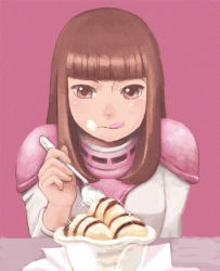 Rule 34 | 1girl, bad id, bad pixiv id, blunt bangs, breasts, brown eyes, brown hair, commentary request, eating, fiana, food, ice cream, lafolie, long hair, solo, soukou kihei votoms, zanshomimai
