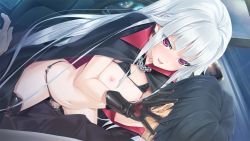 Rule 34 | 1boy, 1girl, bikini, bikini top lift, bishoujo mangekyou, black bikini, black gloves, black thighhighs, blush, boots, breasts, cape, car, car interior, censored, chain, clothed sex, clothes lift, dutch angle, fangs, flat chest, game cg, gloves, happoubi jin, hetero, kagarino kirie, leather, long hair, looking at another, motor vehicle, navel, nipples, open mouth, penis, purple eyes, pussy juice, sex, silver hair, sitting, small breasts, smile, swimsuit, thigh boots, thighhighs, vaginal, vampire, vehicle