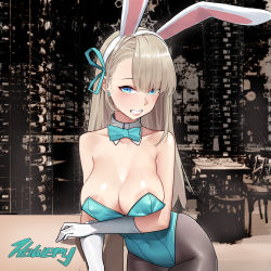 Rule 34 | 1girl, animal ears, aqua leotard, arm under breasts, asuna (blue archive), asuna (bunny) (blue archive), asymmetrical bangs, blue archive, blue bow, blue bowtie, blue eyes, blue leotard, bow, bowtie, breasts, brown pantyhose, cleavage, collarbone, covered erect nipples, covered navel, detached collar, ear piercing, elbow gloves, fake animal ears, gloves, grin, hair over one eye, hair ribbon, halo, highleg, highleg leotard, highres, kawery, large breasts, leaning forward, leaning on table, leotard, light brown hair, lips, looking at viewer, pantyhose, piercing, playboy bunny, rabbit ears, restaurant, ribbon, smile, solo, strapless, strapless leotard, traditional bowtie, white gloves