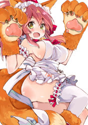Rule 34 | 1girl, animal ears, animal hands, apron, bell, blush, breasts, collar, convenient censoring, fate/grand order, fate (series), fox ears, fox tail, hair ribbon, kaisanbutsu, large breasts, long hair, looking at viewer, naked apron, neck bell, open mouth, pink hair, ribbon, sideboob, solo, tail, tamamo (fate), tamamo cat (fate), tamamo cat (third ascension) (fate), tamamo no mae (fate/extra), thighhighs, white background, white thighhighs, yellow eyes