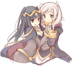 Rule 34 | 2girls, bad id, bad pixiv id, black eyes, black hair, bodysuit, bracelet, breasts, bridal gauntlets, cape, cleavage, covered navel, eye contact, fire emblem, fire emblem awakening, flying sweatdrops, holding hands, jewelry, long hair, looking at another, multiple girls, nintendo, robe, robin (female) (fire emblem), robin (fire emblem), teu (navy), tharja (fire emblem), tiara, twintails, two side up, white background, white hair, yuri