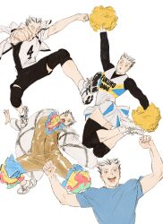 Rule 34 | 1boy, arm up, arms up, blue shirt, bokuto koutarou, cheerleader, chengongzi123, chinese commentary, coat, commentary request, crossdressing, full body, fur coat, grey hair, haikyuu!!, highres, jacket, jacket on shoulders, jumping, long sleeves, looking at viewer, male focus, multicolored hair, multiple views, open mouth, outstretched arms, pleated skirt, pom pom (cheerleading), shirt, shoes, short hair, short sleeves, simple background, skirt, slit pupils, sneakers, sportswear, streaked hair, t-shirt, thick eyebrows, upper body, very short hair, volleyball uniform, white background, white footwear, yellow eyes