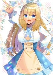 Rule 34 | 1girl, :d, arm up, blonde hair, blue eyes, blue flower, blue ribbon, blue rose, blue sky, blush, braid, breasts, collared shirt, commentary request, commission, crown braid, diagonal stripes, floral background, flower, hair between eyes, hair ribbon, isla coleman, kou hiyoyo, large breasts, long hair, long sleeves, open mouth, outstretched arm, pink flower, pink rose, pleated skirt, production kawaii, puffy long sleeves, puffy sleeves, ribbon, rose, shirt, skeb commission, skirt, sky, smile, solo, striped, striped background, twin braids, very long hair, virtual youtuber, white background, white flower, white ribbon, white rose, white shirt