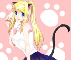 Rule 34 | 1girl, absurdres, animal ears, blonde hair, blue eyes, blue skirt, cat ears, cat tail, fullmetal alchemist, high ponytail, highres, leaning forward, long hair, looking at viewer, machi (xxx503r), paw pose, paw print, paw print background, pink background, pleated skirt, shirt, skirt, sleeveless, sleeveless shirt, solo, standing, swept bangs, tail, very long hair, white shirt, winry rockbell
