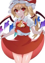 Rule 34 | 1girl, ascot, blonde hair, clothes lift, cowboy shot, crystal wings, dress, flandre scarlet, hair ribbon, hat, highres, long hair, mob cap, red dress, red eyes, red ribbon, ribbon, side ponytail, simple background, skirt, skirt lift, smile, solo, teruteru (pixiv 98065144), touhou, white background, yellow ascot