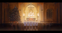Rule 34 | 5girls, absurdres, altar, angel, angel wings, arch, architecture, blonde hair, brown footwear, brown hair, candle, candlestand, chandelier, chinese commentary, choir, christmas, christmas tree, church, column, halo, highres, holding, holding candle, indoors, kimonogo, lamp, letterboxed, long hair, looking at viewer, multiple girls, music, night, open mouth, original, own hands together, pew, pillar, reflective floor, robe, scenery, short hair, singing, standing, straight-on, white robe, wide shot, wide sleeves, window, wings