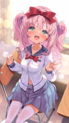 Rule 34 | 1girl, blue skirt, bow, bra, bra peek, breasts, chair, classroom, desk, green eyes, hair bow, highres, indoors, long hair, looking at viewer, looking up, navel, nyahu (nyahu 77), open clothes, open mouth, open shirt, original, pink hair, ribbon, school uniform, shirt, sitting, skirt, small breasts, smile, solo, thighhighs, thighs, two side up, underwear, v, white shirt, white thighhighs