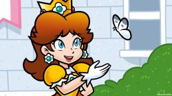 Rule 34 | 1girl, absurdres, artist name, blue eyes, brown hair, bug, bush, butterfly, crown, doc shoddy, dress, earrings, flipped hair, flower brooch, flower earrings, frilled gloves, frills, gloves, highres, insect, is this a pigeon (meme), jewelry, mario (series), medium hair, meme, nakaue shigehisa (style), nintendo, official style, open mouth, orange dress, outdoors, parted bangs, princess daisy, puffy short sleeves, puffy sleeves, short sleeves, stone wall, teeth, upper body, upper teeth only, wall, white gloves
