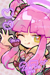 Rule 34 | 1girl, bag, black wings, bow, brown jacket, brown scrunchie, candy, chocolate, chocolate heart, chromatic aberration, doradorakingyo, food, hair bun, hair ornament, hair scrunchie, halo, handbag, heart, highres, holding, holding bag, holding chocolate, holding food, hood, hooded jacket, jacket, licking lips, nina (puyopuyo), one eye closed, pink hair, purple halo, purple nails, puyopuyo, puyopuyo quest, scrunchie, sidelocks, solo, striped, striped bow, tongue, tongue out, wings