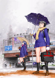 Rule 34 | 2girls, city, freckles, garex, multiple girls, original, school uniform, serafuku, snow, snowing, umbrella