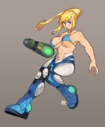 Rule 34 | 1girl, arm cannon, bikini, bikini top only, blonde hair, blue eyes, bouncing breasts, breasts, highres, large breasts, long hair, metroid, metroid dread, nintendo, ponytail, power suit, samus aran, snowcie, solo, swimsuit, toned, toned female, unaligned breasts, weapon
