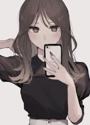 Rule 34 | 1girl, bad id, bad twitter id, black shirt, blush, brown eyes, brown hair, brown nails, cellphone, closed mouth, collared shirt, commentary request, eyebrows hidden by hair, fingernails, grey background, hands up, highres, holding, holding phone, long fingernails, long hair, looking at viewer, nail polish, original, parted bangs, phone, puffy short sleeves, puffy sleeves, shirt, short sleeves, solo, tsuruse, upper body
