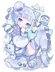 Rule 34 | 1girl, :t, absurdres, alarm clock, baby bottle, block (object), blue bow, blue eyes, blue flower, blue hair, blue jacket, blue shorts, blue theme, blue thighhighs, blunt bangs, blush, blush stickers, bottle, bow, buttons, candy, child, clock, commentary request, cotono (nazekun), cylinder, digital clock, dinosaur girl, dinosaur tail, dolphin shorts, double bun, fish, fish skeleton, flower, food, hair bow, hair bun, hand to own mouth, highres, jacket, jitome, long sleeves, looking at viewer, original, paper airplane, pillow, shorts, sidelocks, simple background, striped clothes, striped thighhighs, stuffed dinosaur, tail, thick eyebrows, thighhighs, thighs, thread, triangle, two side up, white background