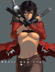 Rule 34 | 1girl, alastor (sword), blue eyes, breasts, brown hair, cleavage, coat, dante, devil may cry (series), dual wielding, ebony (devil may cry), fingerless gloves, genderswap, genderswap (mtf), gloves, grin, gun, handgun, holding, ivory (devil may cry), jewelry, large breasts, m1911, midriff, navel, necklace, nekkeau, open clothes, pistol, rebellion (sword), shell casing, short hair, smile, solo, strap, torn clothes, underboob, weapon, zipper