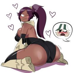 Rule 34 | 1boy, 1girl, ass, bad feet, bleach, blonde hair, blush, breasts, cameltoe, dark skin, hat, heart, huge ass, large breasts, leotard, open mouth, ponytail, purple hair, shihouin yoruichi, simple background, thick thighs, urahara kisuke, white background, wink, yellow eyes