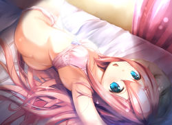 Rule 34 | 10s, 1girl, arm up, armpits, ass, bed sheet, blue eyes, blush, bow, bow bra, bra, breasts, butt crack, commentary request, curtains, from above, gc3, hair between eyes, kagamihara nadeshiko, long hair, looking at viewer, looking up, lying, on side, open mouth, panties, panty pull, pink bra, pink panties, red hair, small breasts, solo, underwear, underwear only, very long hair, yurucamp