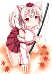 Rule 34 | 1girl, animal ears, autumn leaves, bare shoulders, blush, breasts, detached sleeves, fuyuki8208, hat, highres, inubashiri momiji, large breasts, leaf, looking at viewer, pom pom (clothes), red skirt, shirt, short hair, silver hair, skirt, tail, tokin hat, touhou, white shirt, wolf ears, wolf tail