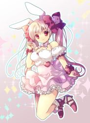 Rule 34 | 1girl, :3, animal ears, back bow, bare shoulders, bow, bowtie, breasts, cleavage, detached sleeves, di gi charat, dice hair ornament, floating, frilled skirt, frills, full body, gradient background, hair bow, hair ornament, heart, highres, koge donbo, large breasts, long hair, looking at viewer, pink bow, pink hair, pink skirt, puffy short sleeves, puffy sleeves, rabbit ears, rabbit girl, red bow, red eyes, red ribbon, ribbon, shirt, short sleeves, skirt, socks, solo, sparkle, strappy heels, suspender skirt, suspenders, twintails, usada hikaru, white shirt, white socks, wrist ribbon