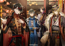 4boys ;) alternate_costume architecture bead_bracelet bead_necklace beads beckoning black_capelet black_gloves black_hair black_hat black_jacket black_nails black_robe black_sash black_shirt blonde_hair blue_hair blue_robe blue_scarf book bracelet branch camellia_print capelet changpao chest_tattoo chinese_clothes copyright_notice cowboy_shot crane_print dragon_print earrings east_asian_architecture eyeshadow eyewear_strap feather_boa fedora finger_tattoo fishnet_gloves fishnets floral_print flower folded_fan folding_fan glasses gloves grey_hair hadanugi_dousa hair_between_eyes hair_over_one_eye hair_ribbon hand_fan hand_on_own_chest hand_on_own_hip hand_up hat hitokoto holding holding_book holding_fan ike_eveland indoors jacket jacket_on_shoulders jade_(gemstone) jewelry lantern lapel_pin lapels long_hair long_sleeves looking_at_viewer low_ponytail luca_kaneshiro luxiem makeup male_focus mandarin_collar medium_hair multicolored_hair multiple_boys necklace nijisanji nijisanji_en official_art one_eye_closed open_kimono pants parted_lips peach_blossom pendant pink_flower pink_hair pink_ribbon pouch purple_eyes purple_hair red_eyeshadow red_hair red_sash red_scarf ribbon robe sample_watermark sash scarf shirt short_hair shu_yamino side_cape smile stairs standing stole streaked_hair swept_bangs tangzhuang tassel tassel_earrings tattoo two-sided_fabric two-sided_jacket virtual_youtuber vox_akuma watermark white_pants white_robe white_shirt yaopei yellow_eyes yellow_sash