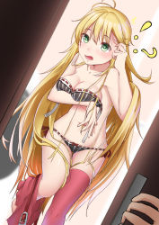 Rule 34 | !?, 1girl, adjusting hair, antenna hair, belt, black bra, black panties, blonde hair, blurry, blurry background, blush, bra, breast hold, breasts, cleavage, commentary request, depth of field, frilled bra, frilled panties, frills, frown, green eyes, highres, indoors, leaning back, lips, long hair, looking at viewer, medium breasts, open bra, open mouth, out of frame, panties, pink thighhighs, pov, red belt, side-tie panties, single thighhigh, skirt, skirt around one leg, solo focus, standing, striped bra, striped clothes, striped panties, suika bar-chan, thigh gap, thighhighs, tsurumaki maki, underwear, underwear only, undressing, vertical-striped bra, vertical-striped clothes, vertical-striped panties, very long hair, voiceroid