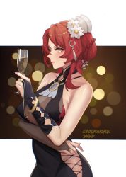 Rule 34 | 1girl, 2022, alcohol, artist name, black dress, black gloves, champagne, closed mouth, cup, dress, fingerless gloves, flower, gloves, hair flower, hair ornament, highres, holding, holding cup, honkai (series), honkai impact 3rd, lipstick, looking at viewer, makeup, murata himeko, red hair, sleeveless, sleeveless dress, solo, tutou jiang, white flower, yellow eyes
