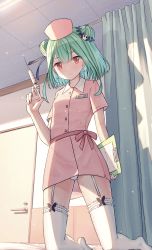 Rule 34 | 1girl, absurdres, angry, bed, buttons, collared dress, double bun, dress, earrings, frilled thighhighs, frills, garter straps, green hair, hair bun, hair ornament, hair ribbon, hat, highres, holding, holding syringe, hololive, hospital bed, jewelry, kneeling, looking at viewer, medium hair, nurse, nurse cap, on bed, panties, pantyshot, pink dress, ray peng, red eyes, ribbon, short sleeves, sidelocks, skull earrings, skull hair ornament, solo, syringe, thighhighs, underwear, uruha rushia, virtual youtuber, white garter straps, white panties, white thighhighs