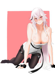 Rule 34 | 1girl, absurdres, all fours, azur lane, bare shoulders, black hair, black pantyhose, breasts, cleavage, crossed bangs, dress, gangut (azur lane), gloves, highres, large breasts, long hair, looking at viewer, minoru amayi, mole, mole under eye, multicolored hair, pantyhose, parted lips, partially fingerless gloves, red eyes, silver hair, smile, solo, streaked hair, thigh strap, very long hair, white dress, white uniform