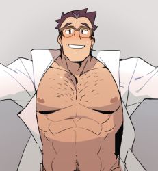 Rule 34 | 1boy, bara, blush, brown hair, cerise (pokemon), chest hair, creatures (company), game freak, glasses, gradient background, grey background, groin, half-closed eyes, lab coat, lab coat, looking at viewer, male focus, muscular, naked labcoat, nintendo, nipples, out-of-frame censoring, pokemon, pokemon (anime), pokemon journeys, saturday (hokawazu), simple background, solo, sweatdrop, toned, toned male