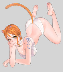 Rule 34 | 1girl, animal ears, ass, bare arms, bare legs, bare shoulders, barefoot, bell, bra, breasts, cat ears, cat tail, choker, cleavage, closed mouth, collarbone, commentary, elbow rest, feet, feet up, full body, grey background, hair behind ear, head rest, highres, jingle bell, large breasts, light blush, lips, looking at viewer, nami (one piece), neck bell, one piece, orange eyes, orange hair, panties, pink lips, short hair, shoulder tattoo, single sidelock, smile, solo, tail, tattoo, toes, underwear, uukkaa, white bra, white choker, white panties