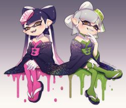 Rule 34 | + +, 2girls, callie (splatoon), commentary request, cousins, detached collar, dress, fangs, food, food on head, green legwear, highres, inkling, japanese clothes, kimono, marie (splatoon), mask, mole, mole under eye, multiple girls, nintendo, object on head, pointy ears, puchiman, sandals, squid, strapless, strapless dress, sushi, tentacle hair, thighhighs