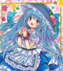 Rule 34 | 1girl, :d, apron, black hat, blue flower, blue hair, blue ribbon, blue skirt, blush, bow, bowtie, cowboy shot, floral background, flower, food, food on head, frilled apron, frilled hat, frilled shirt collar, frilled skirt, frills, fruit, fruit on head, hair between eyes, hat, hat ribbon, head tilt, hinanawi tenshi, holding, holding food, holding fruit, leaf, long hair, looking at viewer, marker (medium), object on head, open mouth, peach, pink flower, red bow, red bowtie, red eyes, red flower, ribbon, rui (sugar3), sample watermark, shirt, short sleeves, skirt, smile, solo, touhou, traditional media, very long hair, waist apron, watermark, white shirt, wrist cuffs, yellow flower