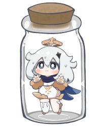 Rule 34 | 1girl, absurdres, blue cape, blue eyes, blue scarf, blush, cape, closed mouth, commentary request, commission, dress, floating, genshin impact, hair between eyes, hair ornament, halo, highres, in container, in jar, itoshatyo, long hair, long sleeves, paimon (genshin impact), scarf, short dress, single thighhigh, skeb commission, solo, thighhighs, wavy mouth, white dress, white hair, white thighhighs