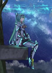 Rule 34 | 1girl, breasts, chest jewel, earrings, full body, gloves, green eyes, green hair, high heels, highres, hologram, jewelry, large breasts, long hair, night, night sky, outdoors, pneuma (xenoblade), ponytail, sarasadou dan, shooting star, sitting, sky, solo, spoilers, star (sky), starry sky, swept bangs, tiara, tree, very long hair, xenoblade chronicles (series), xenoblade chronicles 2
