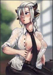 Rule 34 | 1girl, animal ears, between breasts, black necktie, black pants, blue eyes, blurry, blurry background, blush, braid, braided ponytail, breasts, briefcase, brown horns, commentary, covered erect nipples, cow ears, cow girl, cow horns, cowboy shot, english commentary, highres, horns, large breasts, long hair, looking afar, looking to the side, messy hair, nandi (puchirisu), necktie, necktie between breasts, no bra, office lady, one eye closed, open mouth, original, pants, puchirisu, see-through, see-through shirt, shiny skin, shirt, sleeves rolled up, solo, wet, wet clothes, wet shirt, white hair