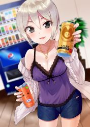 Rule 34 | 1girl, :3, babydoll, bad id, bad pixiv id, blush, breasts, can, cardigan, cleavage, cowboy shot, denim, dutch angle, gomashi (goma), grey eyes, hair between eyes, highres, holding, holding can, idolmaster, idolmaster cinderella girls, idolmaster cinderella girls starlight stage, indoors, jewelry, jitome, looking at viewer, medium breasts, necklace, open cardigan, open clothes, parted lips, plant, potted plant, shiomi syuko, short hair, short shorts, shorts, silver hair, smile, solo, standing, vending machine
