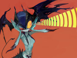 Rule 34 | amiami, bat wings, blue hair, blue skin, colored sclera, colored skin, demon girl, demon tail, demon wings, devilman, echo (sound), head wings, monster girl, one eye closed, original, red eyes, solo, tail, wings, yellow sclera