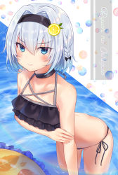 Rule 34 | 1girl, arm across chest, bare shoulders, bikini, black bikini, black bow, black choker, black hairband, blue eyes, blush, bow, braid, butt crack, choker, closed mouth, collarbone, commentary request, copyright name, fingernails, food-themed hair ornament, gyozanuko, hair between eyes, hair bow, hair intakes, hair ornament, hairband, highres, leaning forward, lemon hair ornament, looking at viewer, ryuuou no oshigoto!, side-tie bikini bottom, silver hair, solo, sora ginko, swimsuit, v-shaped eyebrows, white background